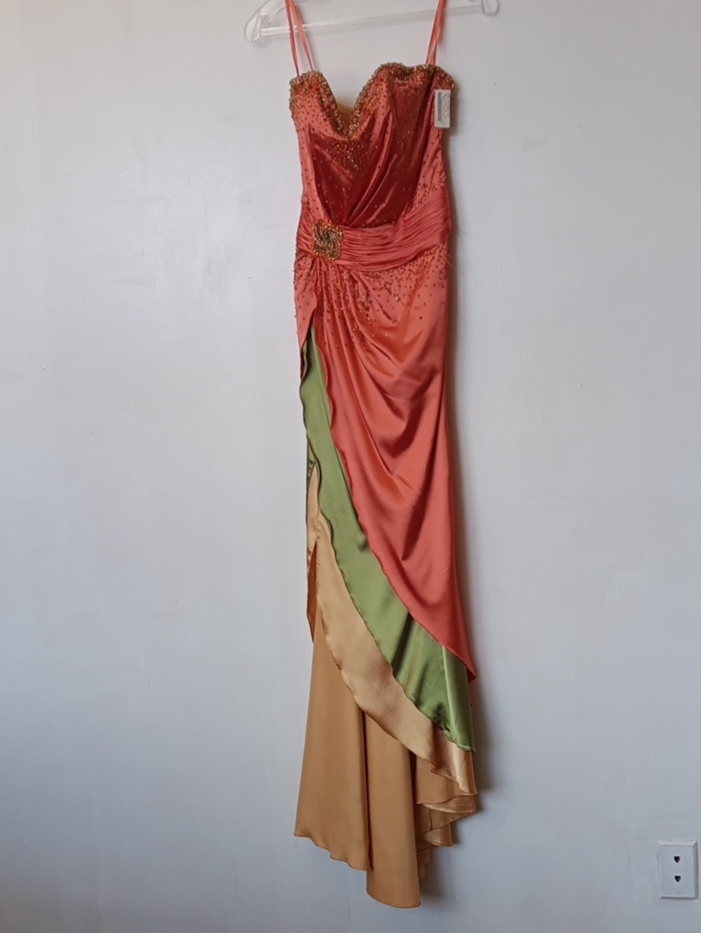 Coral Multi-Tone Beaded Satin Prom Gown